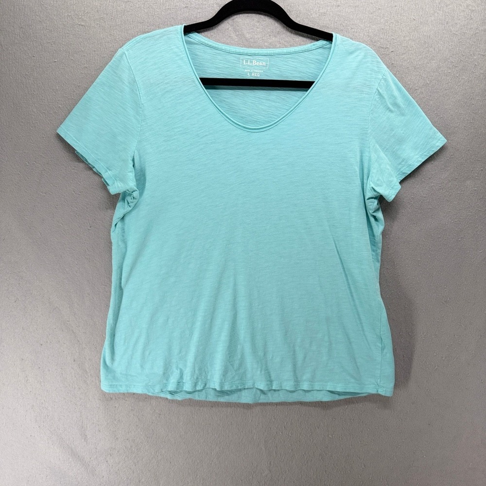 LL Bean T-Shirt Womens L Blue Slub Knit Scoop Neck Short Sleeve Top Coastal